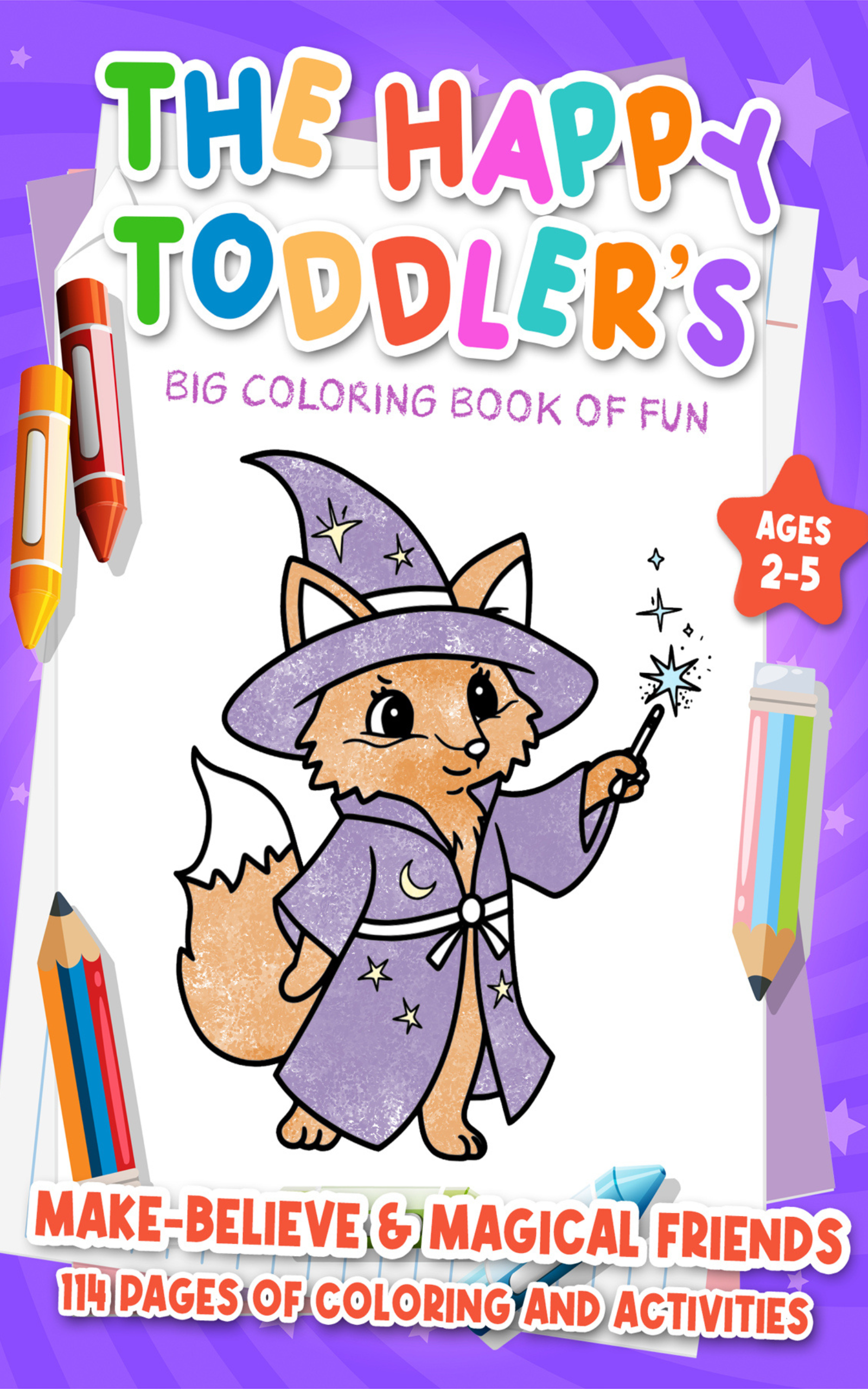 A wizard fox dressed in purple robe and hat waving a wand