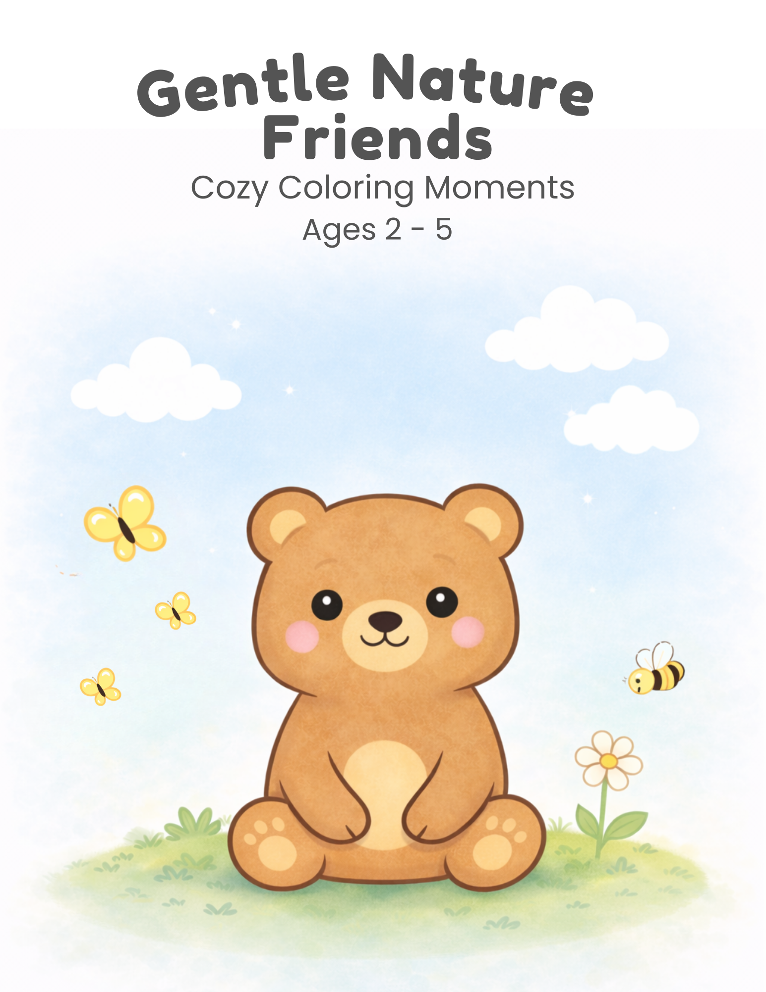 Teddy bear sitting in the grass with a flower beside him and butterflies and a bee hovering nearby.
