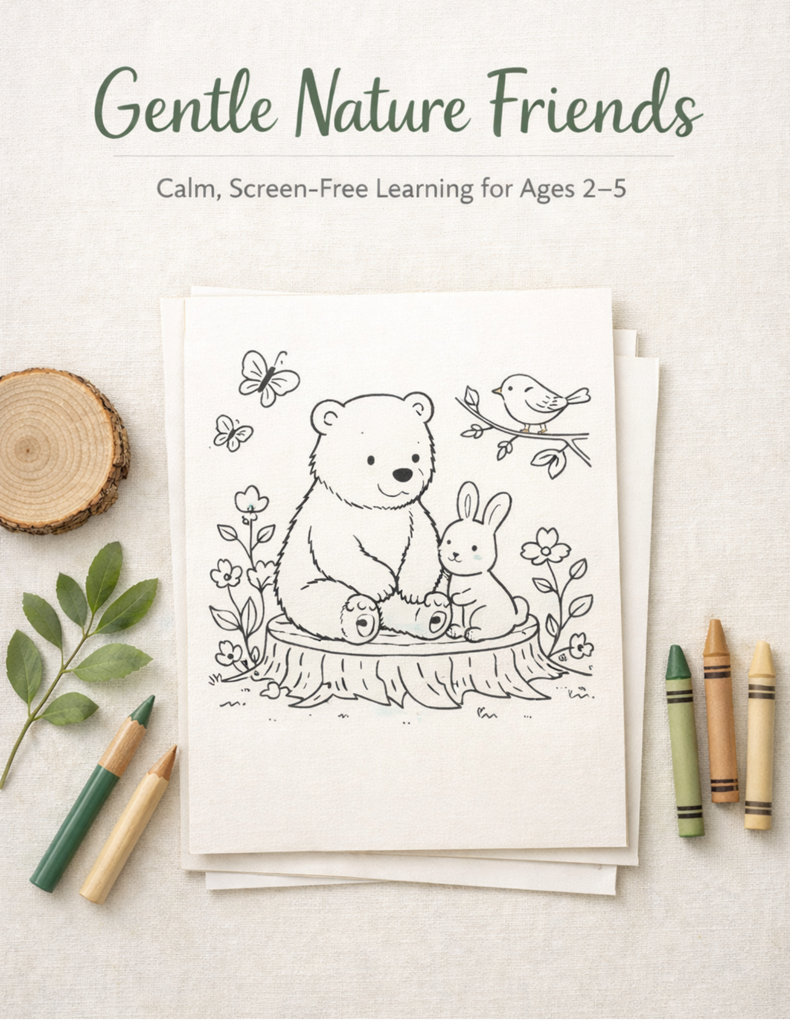 A bear sitting on a stump with a rabbit by his side and bird sitting on a tree branch in the forest.