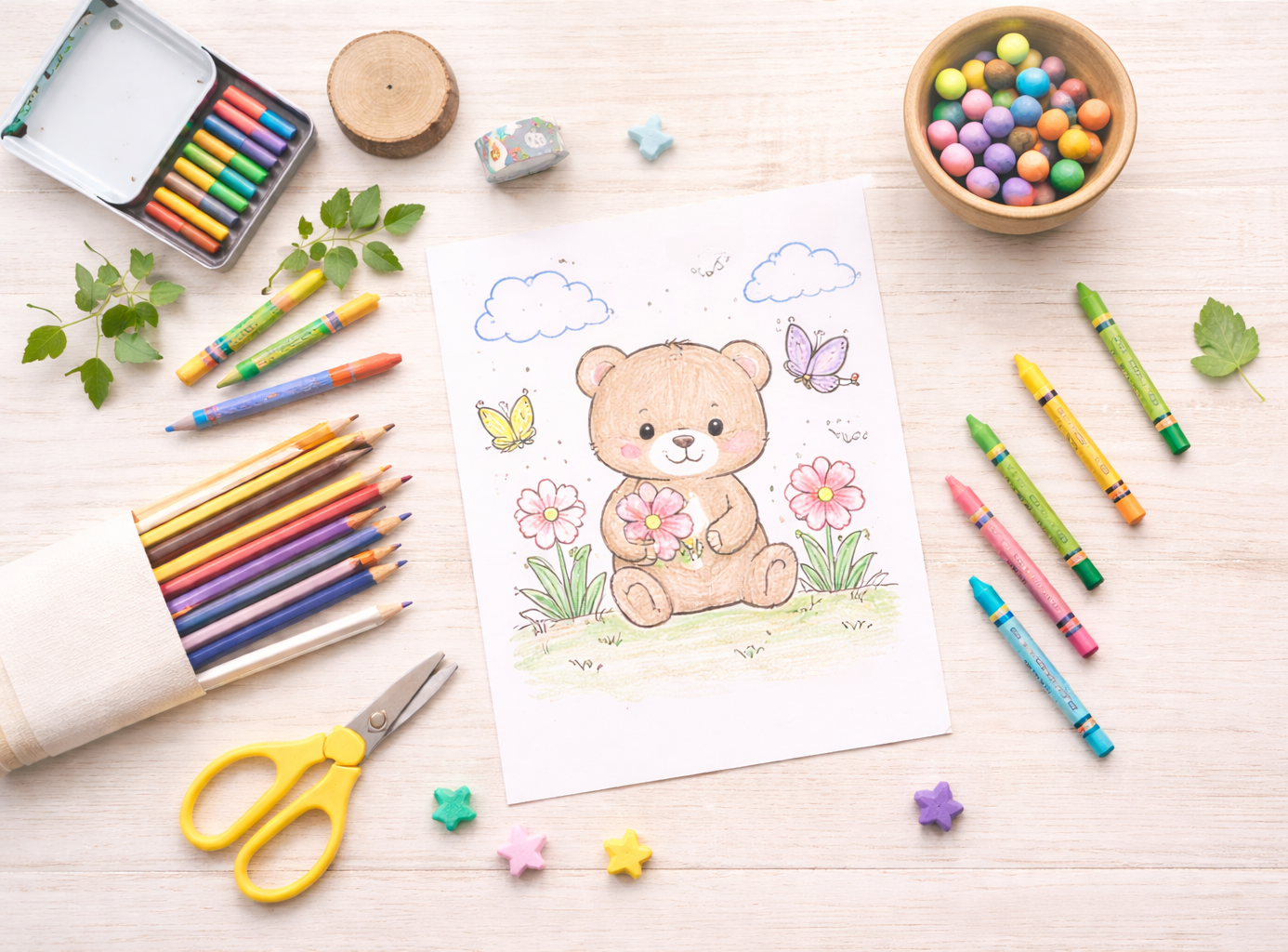 Desktop with a teddy bear coloring page with crayons, colored pencils, marker, scattered leaves a slice of wood, yellow scissors and a bowl of colorful candy