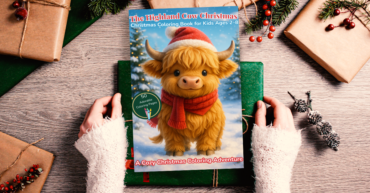 Hands holding The Highland Cow Christmas coloring book among craft wrapped Christmas gifts