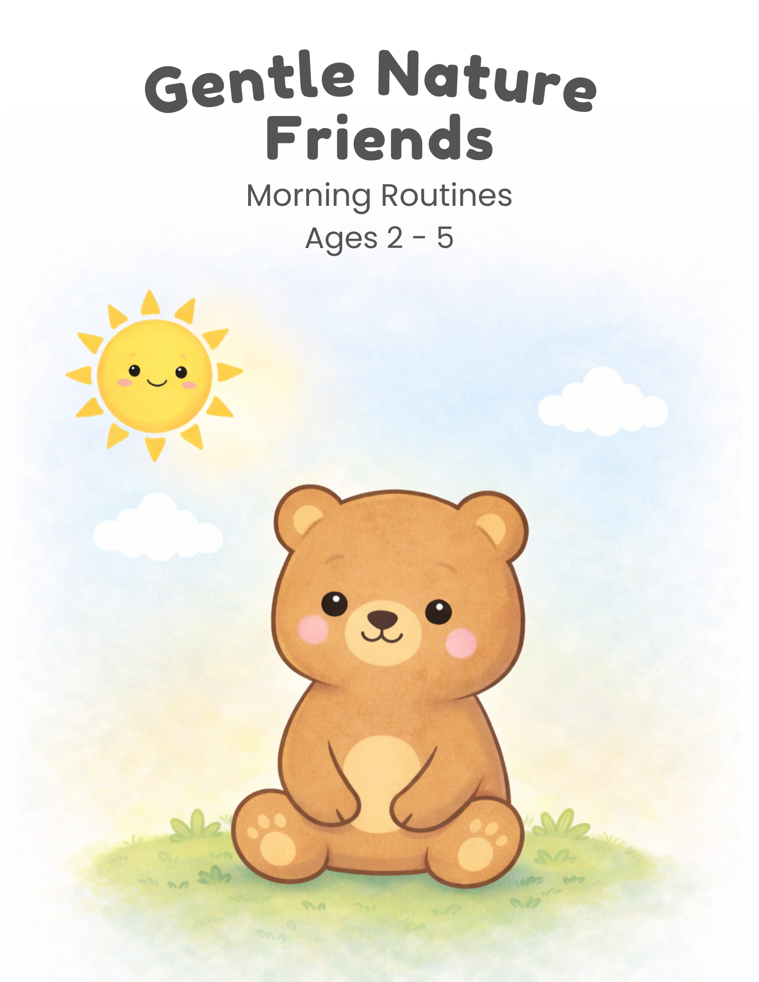 A teddy bear sitting in the grass with the sun and clouds above.