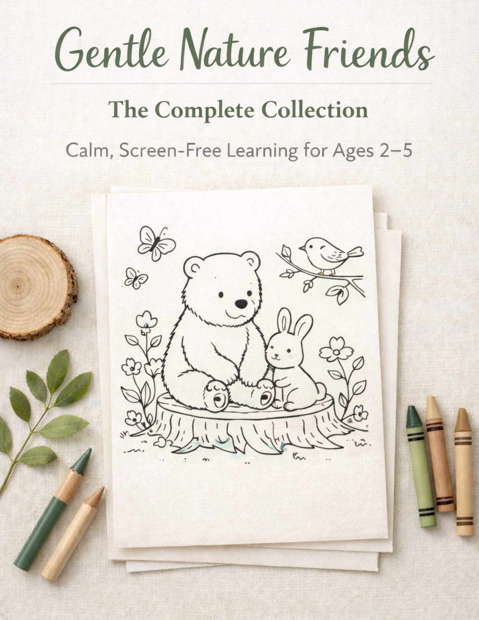 A bear sitting on a stump with a rabbit by his side and bird sitting on a tree branch in the forest.