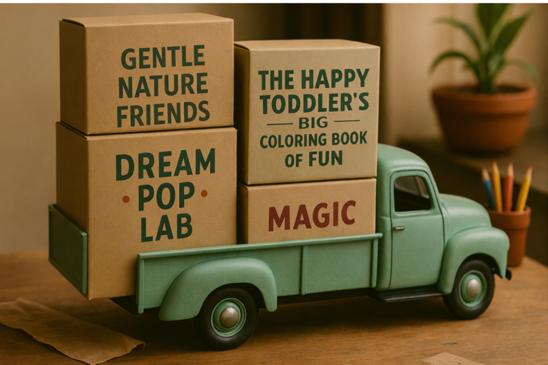 green toy truck filled with boxes labeled with Dream Pop Lab titles