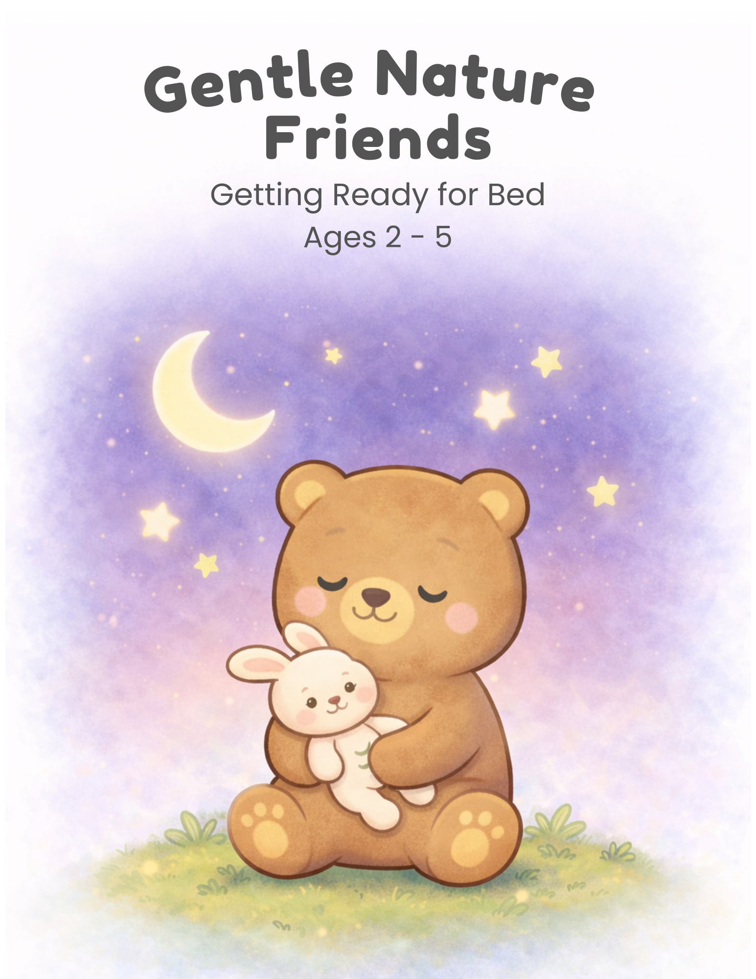A teddy bear sitting in the grass holding a stuffed animal bunny with the moon and stars in the night sky above.