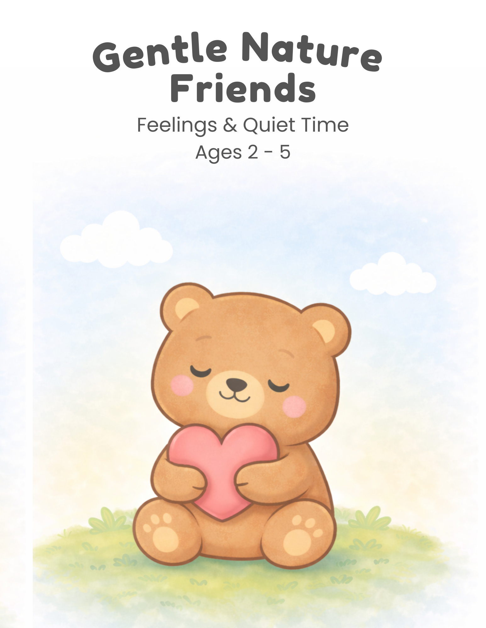 A teddy bear sitting in the grass holding a heart under a blue sky