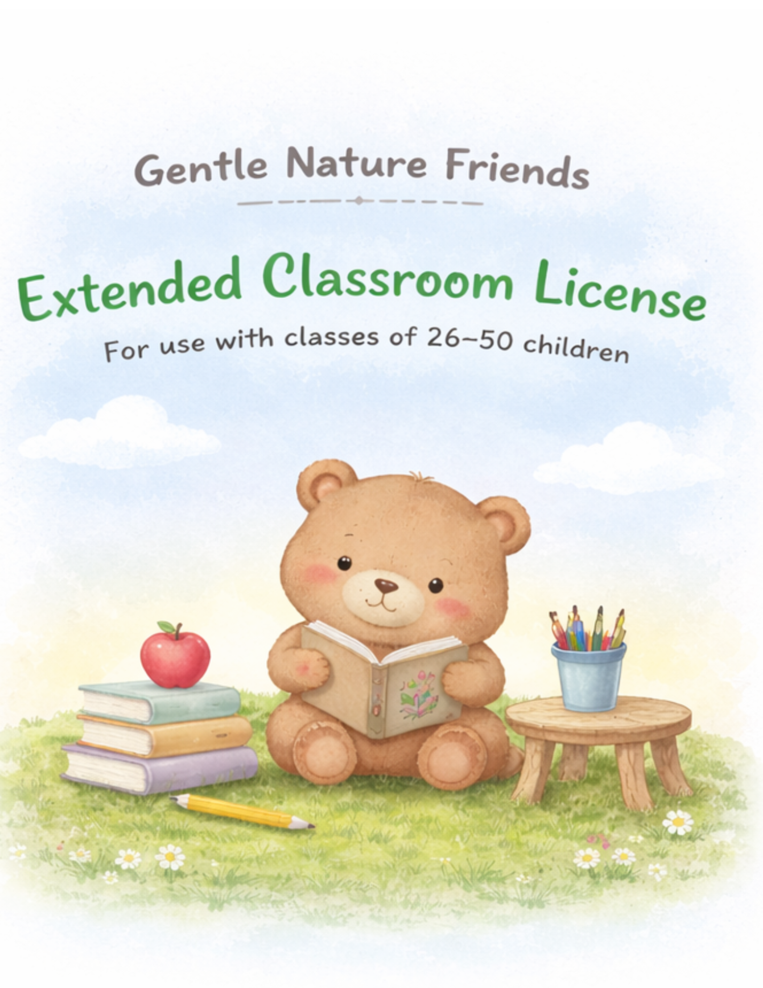 A Teddy bear is sitting in the grass with a stack of books to his right and a cup of coloring pencils sitting on a stool to his left. The teddy bear is reading a book with a school in the background.