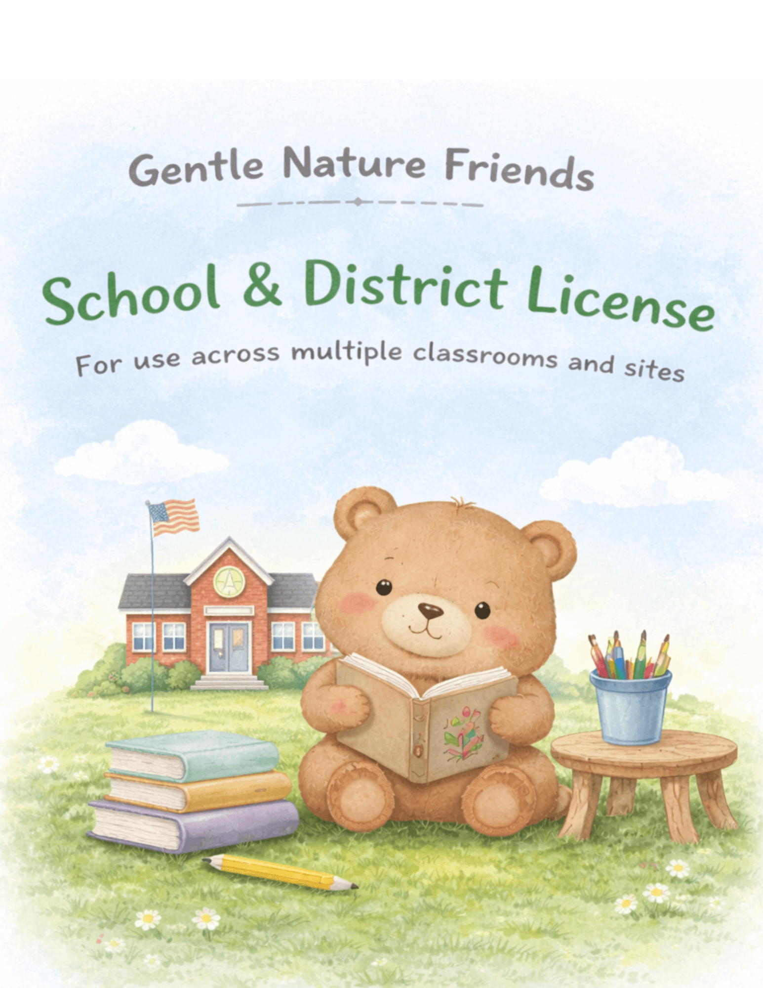 A teddy bear reading a book in from of a school