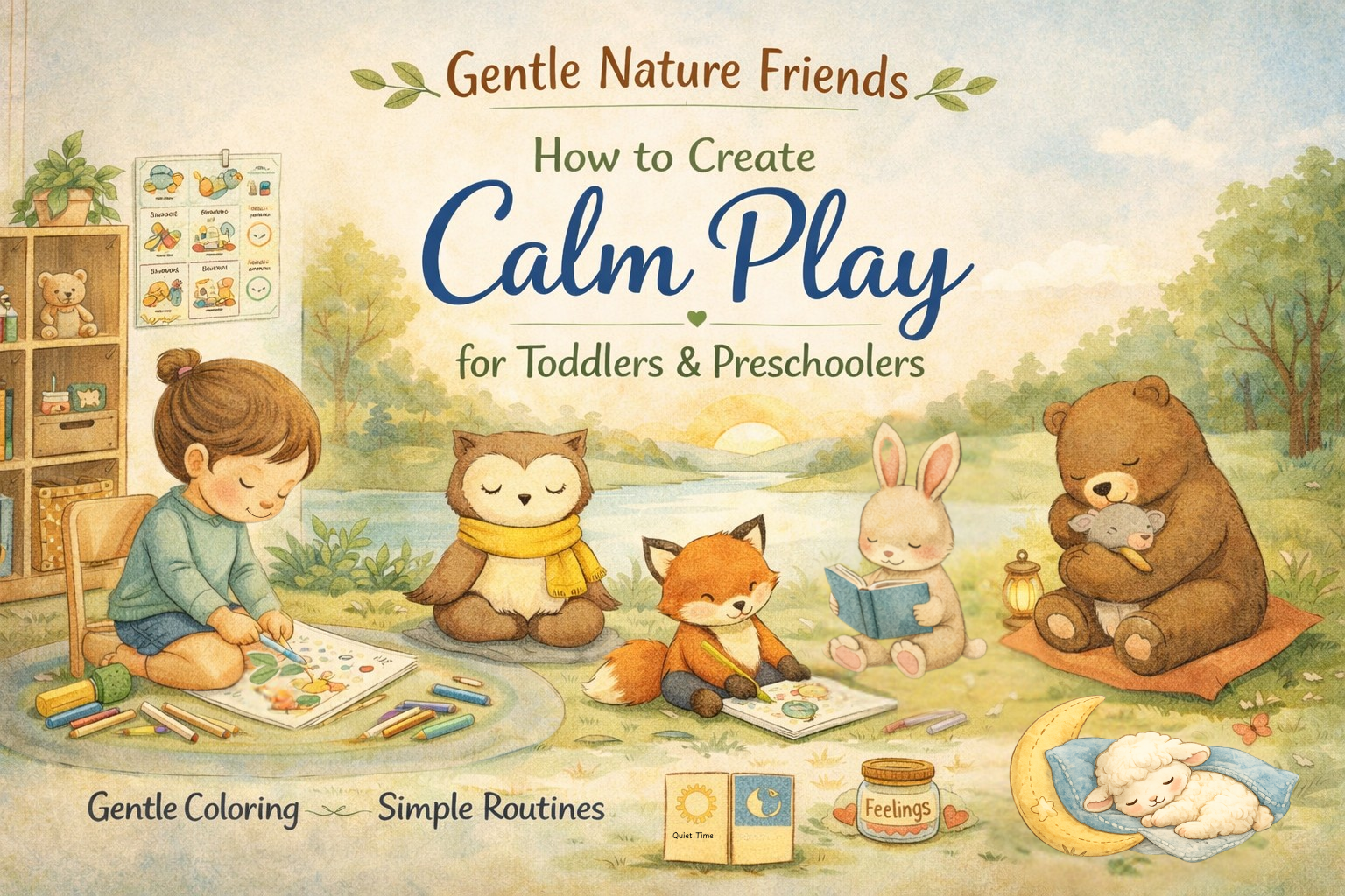 A little girl coloring with and owl, fox, bunny, bear and a lamb