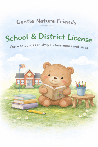 A teddy bear reading a book in from of a school