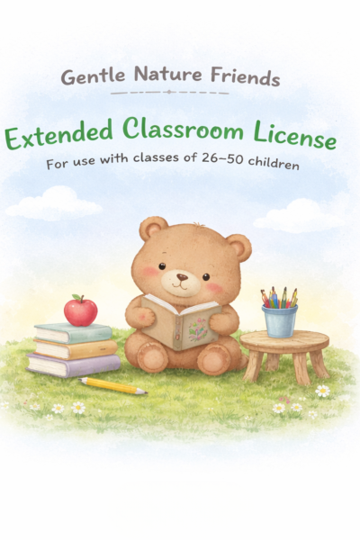 A Teddy bear is sitting in the grass with a stack of books to his right and a cup of coloring pencils sitting on a stool to his left. The teddy bear is reading a book with a school in the background.