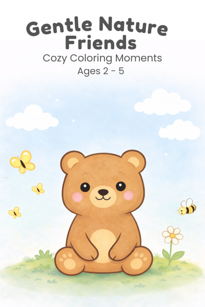 Teddy bear sitting in the grass with a flower beside him and butterflies and a bee hovering nearby.