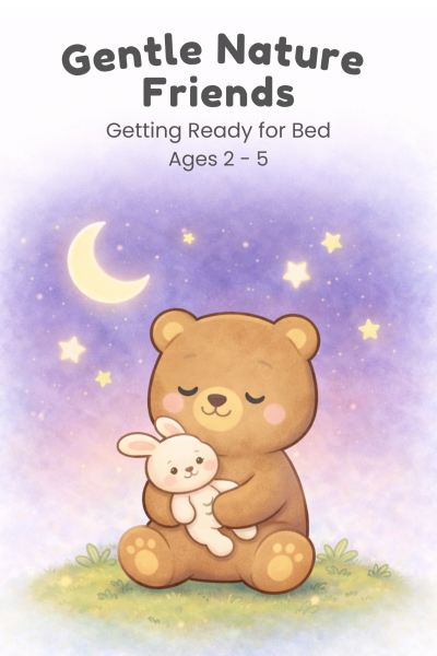 A teddy bear sitting in the grass holding a stuffed animal bunny with the moon and stars in the night sky above.