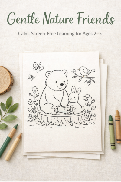 A bear sitting on a stump with a rabbit by his side and bird sitting on a tree branch in the forest.
